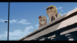 Rule 34 | 10s, 2girls, ^ ^, annin musou, bad id, bad pixiv id, blonde hair, blue eyes, closed eyes, cloud, cloudy sky, commentary, crown, day, english text, eyewear on head, hair between eyes, hairband, iowa (kancolle), kantai collection, letterboxed, long hair, multiple girls, musical note, open mouth, outdoors, quaver, sky, smile, sunglasses, translated, warspite (kancolle), white hairband