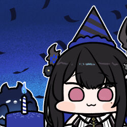 Rule 34 | 1girl, :3, black hair, blue hair, blush, cake, chibi, colored inner hair, commentary, demon horns, english commentary, food, hair between eyes, hat, hololive, hololive english, horns, jailbird (nerissa ravencroft), jazz jack, long hair, looking at viewer, lowres, mole, mole under eye, multicolored hair, nerissa ravencroft, nerissa ravencroft (1st costume), party hat, red eyes, smile, virtual youtuber