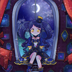Rule 34 | 1girl, black dress, blue hair, braid, braided bangs, commentary request, crescent, crescent moon, curtains, dress, feet out of frame, garara s leep, hat, heart, highres, idol time pripara, indoors, light particles, long hair, looking at viewer, mini hat, mini top hat, moon, night, night sky, picture frame, pretty series, pripara, puffy short sleeves, puffy sleeves, short sleeves, sidelocks, sitting, sky, smile, solo, star (sky), starry sky, top hat, twintails, usaaya, very long hair, window, yellow eyes