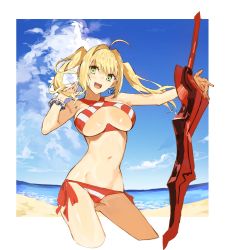 Rule 34 | 1girl, aestus estus, ahoge, beach, bikini, blonde hair, border, bracelet, breasts, breasts apart, cloud, commentary request, criss-cross halter, cropped legs, day, fate/grand order, fate (series), gluteal fold, green eyes, groin, hair intakes, halterneck, highres, holding, holding sword, holding weapon, jewelry, large breasts, long hair, looking at viewer, navel, nero claudius (fate), nero claudius (fate) (all), nero claudius (swimsuit caster) (fate), ocean, outside border, planted, planted sword, planted weapon, red bikini, sa/tsu/ki, side-tie bikini bottom, smile, solo, standing, striped bikini, striped clothes, swimsuit, sword, twintails, underboob, weapon, white border