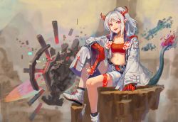 Rule 34 | 1girl, arknights, arm on knee, arm support, bandeau, bare legs, bead bracelet, beads, blurry, blurry background, bracelet, colored skin, commentary, dragon horns, dragon tail, full body, glitch, hand fan, highres, holding, holding fan, horns, jacket, jewelry, knee up, long hair, long sleeves, looking at viewer, midriff, mtzgd, multicolored hair, navel, nian (arknights), open clothes, open jacket, outdoors, parted lips, pointy ears, ponytail, purple eyes, red bandeau, red hair, red skin, red tube top, rock, shoes, shorts, sitting, solo, strapless, streaked hair, tail, teeth, tongue, tongue out, tube top, upper teeth only, white footwear, white hair, white jacket, white shorts
