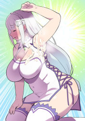 Rule 34 | 1girl, arm up, armpits, bare arms, blush, breasts, cleavage, cleavage cutout, closed eyes, clothing cutout, cum, cum on body, cum on upper body, detached collar, dress, embarrassed, emilia (re:zero), highres, kneeling, large breasts, legs, long hair, open mouth, re:zero kara hajimeru isekai seikatsu, simple background, sitting, sleeveless, solo, tetrodotoxin, thighhighs, thighs, white hair
