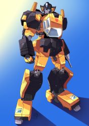 Rule 34 | 1boy, absurdres, arm cannon, autobot, blue background, blue eyes, commentary, english commentary, highres, lextodrawstuff, mecha, no humans, robot, shadow, smile, solo, standing, sunstreaker, transformers, weapon