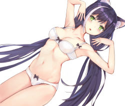 Rule 34 | 1girl, :o, animal ear fluff, animal ears, armpits, arms up, black bow, black hair, blush, bow, bow panties, bra, breasts, cat ears, cat girl, cleavage, collarbone, green eyes, hair tie, highres, karyl (princess connect!), long hair, looking at viewer, low twintails, medium breasts, multicolored hair, navel, panties, parted lips, princess connect!, princess connect!, simple background, solo, stomach, streaked hair, sxbzero, twintails, underwear, underwear only, very long hair, white background, white bra, white hair, white panties