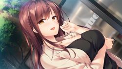 Rule 34 | 1girl, ayase hazuki, blush, breast hold, breasts, brown hair, cleavage, dutch angle, embarrassed, female focus, game cg, hand up, highres, jacket, jewelry, large breasts, light smile, long hair, looking at viewer, mole, mole under eye, necklace, open mouth, orange eyes, original, outdoors, smile, solo, standing, tachibana iori, tree, upper body, yubisaki connection
