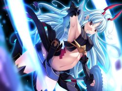 Rule 34 | 00s, 1girl, aliasse, arched back, arm up, armpits, blue hair, breasts, detached sleeves, female focus, grin, headdress, highres, horns, kanisaka, large breasts, long hair, midriff, navel, aged up, polearm, red eyes, senjou no valkyria (series), senjou no valkyria 2, shield, sideboob, silver hair, smile, solo, spear, thighhighs, very long hair, wallpaper, weapon