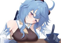 Rule 34 | 1girl, ahoge, bare shoulders, bell, black gloves, blue hair, blush, breast rest, breasts, breasts on table, detached sleeves, ganyu (genshin impact), genshin impact, gloves, horns, kikata (hata nanokana), long hair, looking at viewer, medium breasts, neck bell, parted lips, pointing, pointing at viewer, pov, purple eyes, sidelocks, solo, upper body, white background, white sleeves