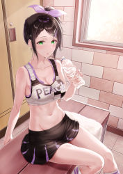 Rule 34 | 1girl, bad id, bad pixiv id, bare arms, bench, black hair, black skirt, blush, bottle, breasts, brick wall, cleavage, collarbone, commentary request, green eyes, hair ornament, hair ribbon, hairclip, highres, holding, holding bottle, kneehighs, locker, locker room, medium breasts, meen (ouaughikepdvrsf), navel, open mouth, original, pleated skirt, ribbon, short hair, side ponytail, sidelocks, sitting, skirt, socks, solo, sports bra, stomach, water bottle, window