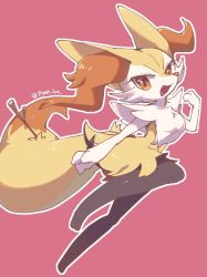 Rule 34 | 1girl, animal ear fluff, animal ears, animal hands, animal nose, artist name, braixen, creatures (company), fang, female focus, fox ears, fox tail, full body, furry, furry female, game freak, gen 6 pokemon, hand up, happy, jpeg artifacts, looking at viewer, nintendo, open mouth, outline, outstretched arm, pink background, pokemon, pokemon (creature), pyon ko, red eyes, simple background, smile, snout, solo, stick, tail, twitter username, white outline