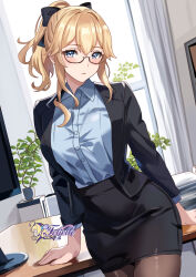 Rule 34 | 1girl, alternate costume, artist logo, black bow, black jacket, black skirt, blonde hair, blue eyes, bow, breasts, brown pantyhose, buttons, closed mouth, collared shirt, commission, curtains, desk, dress shirt, felielle, genshin impact, glasses, hair bow, indoors, jacket, jean (genshin impact), large breasts, long hair, long sleeves, looking at viewer, monitor, office lady, open clothes, open jacket, pantyhose, pencil skirt, plant, ponytail, potted plant, shirt, shirt tucked in, skirt, solo, suit jacket, wing collar