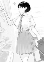 Rule 34 | 1girl, absurdres, black hair, blush, breasts, closed mouth, collared shirt, commentary request, dress shirt, food, grey skirt, greyscale, hand up, highres, indoors, looking away, looking to the side, meat, medium breasts, monochrome, necktie, notice lines, original, plaid necktie, plaid neckwear, pleated skirt, school uniform, shirt, shop, shopping, shopping cart, short hair, short sleeves, skirt, solo, supermarket, surprised, takenoko no you
