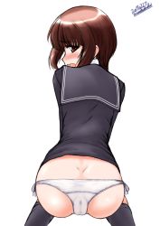 Rule 34 | 10s, 1girl, ass, blush, cameltoe, hat, highres, kantai collection, looking back, mochizuki kazuto, panties, red eyes, red hair, simple background, solo, thighhighs, underwear, white background, white panties, z3 max schultz (kancolle)