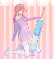 Rule 34 | 1boy, brown hair, commentary request, crossdressing, dress, elbow gloves, full body, garter straps, gloves, hair between eyes, hat, heart, jade curtiss, kanon (rsl), kneeling, long bangs, long hair, looking at viewer, male focus, nurse, nurse cap, open mouth, purple dress, purple gloves, red eyes, shoes, sidelocks, sleeveless, sleeveless dress, smile, solo, striped, striped background, syringe, tales of (series), tales of the abyss, thighhighs, white footwear, white thighhighs