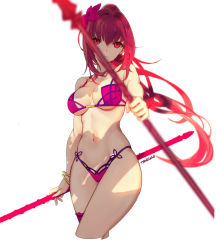 Rule 34 | 1girl, 3:, artist name, bangle, bikini, blurry, bracelet, breasts, cleavage, contrapposto, cowboy shot, cropped legs, depth of field, dual wielding, expressionless, fate/grand order, fate (series), flower, gae bolg (fate), hair flower, hair intakes, hair ornament, holding, jewelry, kiwamu, long hair, looking at viewer, navel, pink bikini, pink eyes, purple hair, scathach (fate), scathach (fate), scathach (swimsuit assassin) (fate), simple background, solo, standing, string bikini, swimsuit, thigh strap, very long hair, white background