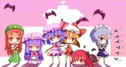 Rule 34 | 6+girls, :d, animal, bad id, bad pixiv id, bat (animal), blunt bangs, braid, chibi, crescent, crescent hair ornament, dagger, embodiment of scarlet devil, expressionless, female focus, flandre scarlet, frills, hair ornament, hat, hat ribbon, hong meiling, izayoi sakuya, knife, koakuma, looking at viewer, lying, mob cap, multiple girls, open mouth, patchouli knowledge, red eyes, remilia scarlet, ribbon, scarlet devil mansion, shaded face, shiki (guwang), short sleeves, smile, star (symbol), throwing knife, touhou, twin braids, weapon