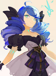 Rule 34 | 1girl, ahoge, bare shoulders, black bow, black dress, black gloves, black sleeves, blue hair, bow, collarbone, cowboy shot, detached sleeves, dress, drill hair, gloves, green eyes, grey background, grey dress, gwen (league of legends), highres, l+ (colour0816), league of legends, long hair, looking at viewer, multicolored eyes, puffy short sleeves, puffy sleeves, scissors, short sleeves, simple background, smile, solo, twin drills, twintails