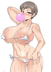 Rule 34 | 1girl, absurdres, arm behind head, bikini, blush, breasts, brown eyes, blowing bubbles, cameltoe, chewing gum, cleavage, covered erect nipples, freckles, girls und panzer, grey hair, highres, huge breasts, looking at viewer, naomi (girls und panzer), navel, short hair, solo, sweat, swimsuit, tavor (m tavor), very short hair