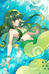 Rule 34 | 1girl, blunt bangs, bracelet, commentary, earrings, green eyes, green hair, jewelry, long hair, mermaid, mermaid melody pichi pichi pitch, midriff, monica cencerrado, monster girl, navel, necklace, shell, shell bikini, shell earrings, shell necklace, smile, solo, symbol-only commentary, touin rina, underwater