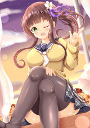 Rule 34 | 1girl, ;d, black sailor collar, blush, breasts, brown hair, commentary request, crossed legs, curtains, feet out of frame, flower, gochuumon wa usagi desu ka?, green eyes, grey skirt, grey thighhighs, hair flower, hair ornament, hair ribbon, highres, large breasts, long hair, looking at viewer, one eye closed, open mouth, open window, pleated skirt, purple ribbon, ribbon, sailor collar, side ponytail, sidelocks, sitting, sitting in window, skirt, smile, solo, sunset, sweater, thighhighs, ujimatsu chiya, white flower, white neckwear, window, xenon (for achieve), yellow sweater