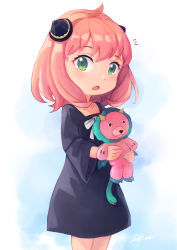 Rule 34 | 1girl, 2022, absurdres, anya (spy x family), black dress, blush, child, director chimera (spy x family), dress, feet out of frame, female focus, frown, green eyes, hairpods, highres, horn ornament, horns, looking at viewer, medium hair, open mouth, pink hair, signature, solo, spy x family, stuffed toy, zee n3