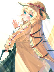 Rule 34 | 1girl, akai haato, alternate costume, aqua eyes, bag, blonde hair, blush, breasts, check commentary, coat, commentary request, cowboy shot, from behind, from side, green skirt, hair between eyes, hair ornament, hair ribbon, hat, heart, heart hair ornament, high-waist skirt, highres, hololive, large breasts, long hair, long skirt, looking at viewer, looking back, low twintails, luggage, magowasabi, one side up, plaid, plaid skirt, red ribbon, ribbon, shirt, skirt, smile, solo, straw hat, trench coat, twintails, very long hair, virtual youtuber, waving, white shirt