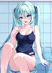 Rule 34 | 1girl, aqua eyes, aqua hair, aqua nails, bare legs, blue one-piece swimsuit, breasts, character name, cleavage, commentary, competition school swimsuit, covered navel, decora (decopining), feet out of frame, fingernails, hair between eyes, hand up, hatsune miku, highres, long hair, looking at viewer, lower teeth only, medium breasts, name tag, one-piece swimsuit, open mouth, school swimsuit, sidelocks, sitting, solo, swimsuit, teeth, twintails, very long hair, vocaloid, water, wet, wet clothes, wet hair, wet swimsuit