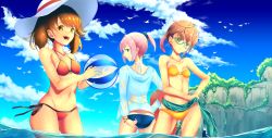Rule 34 | 10s, 3girls, :d, adjusting clothes, adjusting swimsuit, alternate costume, ball, beachball, bikini, bird, blue-framed eyewear, blue eyes, bracelet, breasts, brown eyes, brown hair, cliff, cloud, cloudy sky, collarbone, commentary request, day, eyebrows, fang, from behind, from below, glasses, green eyes, hair ornament, hair scrunchie, hairclip, hand on own hip, hat, highres, holding, holding ball, hood, hood down, hoodie, innertube, jewelry, kantai collection, looking at viewer, looking back, looking down, multiple girls, ocean, okinami (kancolle), open mouth, orange bikini, outdoors, parted lips, pink hair, ponytail, reflection, ryuujou (kancolle), satorusuzu, scrunchie, seagull, see-through, shiranui (kancolle), short hair, side-tie bikini bottom, sky, small breasts, smile, swim ring, swimsuit, twintails, vegetation, wading, wet, wringing clothes