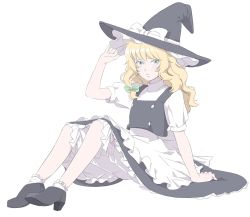 Rule 34 | 1girl, apron, arm support, bad id, bad pixiv id, blonde hair, bloomers, female focus, full body, green eyes, hat, high heels, kirisame marisa, long hair, looking at viewer, ofuton zeb, shoes, short sleeves, simple background, sitting, socks, solo, touhou, underwear, witch, witch hat