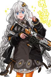 Rule 34 | 1girl, black dress, black jacket, braid, c.a.r. smg, character name, collared shirt, commentary, cowboy shot, crossover, dress, grey hair, grey shirt, gun, hair ornament, highres, holding, holding gun, holding weapon, jacket, kizuna akari, kotone a, leaning to the side, long hair, open mouth, orange pantyhose, pantyhose, pun, shirt, smile, solo, sparkle, striped clothes, striped pantyhose, submachine gun, titanfall (series), titanfall 2, trigger discipline, twin braids, v-shaped eyebrows, very long hair, voiceroid, weapon