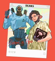 Rule 34 | 2boys, ^ ^, animification, apex legends, black eyes, black gloves, blue sweater, closed eyes, clothed robot, collared shirt, copyright name, crypto (apex legends), gloves, green shirt, highres, humanoid robot, instagram, looking at viewer, male focus, multiple boys, one-eyed, orange eyes, pathfinder (apex legends), robot, shirt, sketch, smile, sweater, thumbs up, thundergotch