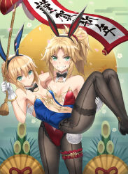 Rule 34 | 2girls, ahoge, animal ears, aqua eyes, artoria pendragon (all), artoria pendragon (fate), bare shoulders, black bow, black footwear, black pantyhose, blonde hair, blue leotard, blush, bow, bowtie, braid, breasts, brown pantyhose, carrying, carrying person, collarbone, detached collar, egasumi, fake animal ears, fate/grand order, fate (series), french braid, gloves, grin, highres, kadomatsu, leotard, long hair, looking at viewer, meme attire, mordred (fate), mordred (fate/apocrypha), mother and daughter, multiple girls, pantyhose, playboy bunny, ponytail, princess carry, rabbit ears, red leotard, red scrunchie, saber (fate), scrunchie, sidelocks, small breasts, smile, smirk, teeth, thigh strap, thighs, tonee, translucent bunnysuit, white gloves