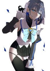 Rule 34 | 1girl, absurdres, adjusting hair, armpits, black gloves, black shirt, black skirt, black thighhighs, blue bow, blue eyes, blue gemstone, blue hair, bow, bow earrings, breasts, chain, chain headband, cleavage, commentary, cowboy shot, detached sleeves, earrings, english commentary, eyelashes, frilled sleeves, frills, gem, gloves, hair between eyes, hair intakes, hand in own hair, head chain, heart-shaped gem, highres, hololive, hololive english, jewelry, leaning forward, long sleeves, looking at viewer, medium breasts, medium hair, miniskirt, ouro kronii, ouro kronii (1st costume), parted lips, petals, seizou hidzuke, shirt, simple background, skirt, solo, standing, striped clothes, striped shirt, striped skirt, taut clothes, thighhighs, thighs, underboob, undershirt, veil, vertical-striped clothes, vertical-striped shirt, vertical-striped skirt, virtual youtuber, white background, white shirt