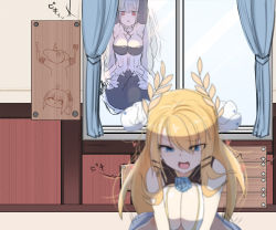 Rule 34 | 2girls, :d, akaoni (zumt3548), armpits, azur lane, bare shoulders, between breasts, black dress, blonde hair, blue eyes, blue flower, blue rose, blush, breasts, cleavage, commentary request, cowgirl position, crack, cracked wall, curtains, doodle, dress, flower, flower ornament, formidable (azur lane), frilled dress, frills, grey hair, hair between eyes, hair ornament, hanging, heart, implied sex, indoors, large breasts, laurel crown, long hair, looking at another, motion lines, multiple girls, open mouth, peeking, plank, red eyes, ribbon, rose, sidelocks, sleeveless, sleeveless dress, smile, straddling, twintails, two-tone dress, upper body, very long hair, victorious (azur lane), wall, white dress, window