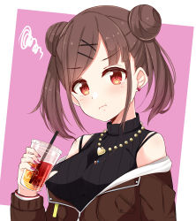 Rule 34 | 1girl, :i, absurdres, amidada, bare shoulders, black sweater, blush, brown hair, brown jacket, closed mouth, cup, disposable cup, double bun, drinking straw, earrings, fingernails, hair bun, hair ornament, hairclip, heart, heart earrings, heart necklace, highres, holding, holding cup, ice, ice cube, idolmaster, idolmaster shiny colors, jacket, jewelry, nail polish, necklace, off shoulder, open clothes, open jacket, pendant, pink background, pout, purple nails, red eyes, ribbed sweater, sleeveless, sleeveless sweater, solo, sonoda chiyoko, squiggle, star (symbol), sweater, swept bangs, twintails, two-tone background, white background, x hair ornament