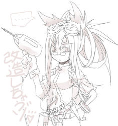 Rule 34 | 1girl, arc system works, belt, blazblue, bracelet, breasts, drill, female focus, glasses, goggles, hands on own hips, jewelry, kokonoe (blazblue), lab coat, long hair, lowres, monochrome, noran, ponytail, power drill, power tool, sketch, solo, wrench