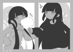 Rule 34 | 2girls, absurdres, blunt bangs, closed mouth, commentary request, cotton candy, cowboy shot, dual persona, expressionless, greyscale, highres, hiyoko setto, hood, hood down, hoodie, inabakumori, long hair, looking back, looking to the side, medium bangs, monochrome, multiple girls, osage (nukunuku nigirimeshi), sidelocks, sleeves past wrists, vocaloid, watashi wa ame (vocaloid)