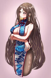 Rule 34 | 1girl, absurdres, bare shoulders, blue dress, blush, breasts, brown eyes, brown hair, brown pantyhose, china dress, chinese clothes, cleavage, cleavage cutout, clothing cutout, crossed arms, dress, earrings, fate/grand order, fate (series), highres, jewelry, large breasts, long hair, looking to the side, pantyhose, pelvic curtain, red trim, shibao aoyama, sideboob, solo, tassel, tassel earrings, thighs, very long hair, yu mei-ren (fate), yu mei-ren (spare the idle talk) (fate)