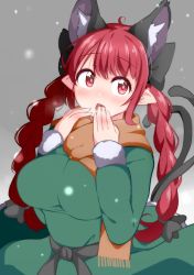 Rule 34 | 1girl, ahoge, animal ears, blush, bow, braid, breasts, bwell, cat ears, cat girl, cat tail, dress, green dress, hair bow, hand to own mouth, highres, kaenbyou rin, large breasts, long hair, multiple tails, red eyes, red hair, sash, scarf, solo, tail, touhou, twin braids, very long hair