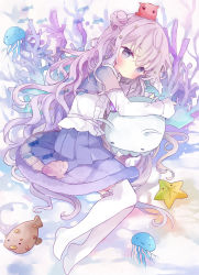 Rule 34 | 1girl, absurdres, animal, blush, capelet, closed mouth, commentary, coral, fish, full body, grey capelet, hair bun, hair ornament, highres, jellyfish, long hair, long sleeves, lying, no shoes, on side, original, pleated skirt, purple eyes, purple hair, purple skirt, shirt, side bun, single hair bun, single side bun, skirt, sleeves past wrists, solo, starfish, symbol-only commentary, thighhighs, tsukiyo (skymint), very long hair, white shirt, white thighhighs