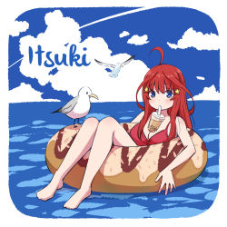 Rule 34 | 1girl, ahoge, asou (asabu202), bikini, bikini top only, bird, blue eyes, border, breasts, bubble tea, bubble tea challenge, character name, cloud, cloudy sky, cup, day, disposable cup, drinking, drinking straw, drinking straw in mouth, go-toubun no hanayome, hair ornament, highres, innertube, large breasts, long hair, looking at viewer, nakano itsuki, object on breast, ocean, red hair, seagull, sky, solo, star (symbol), star hair ornament, swim ring, swimsuit, white border