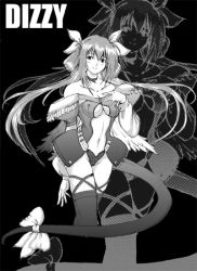 Rule 34 | 1girl, arc system works, breasts, center opening, collarbone, cropped legs, detached sleeves, dizzy (guilty gear), greyscale, groin, guilty gear, hair ribbon, hand on own chest, large breasts, long hair, long sleeves, looking at viewer, monochrome, navel, ribbon, smile, solo, tail, thighhighs, underboob, very long hair, wings