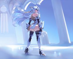 Rule 34 | 1girl, absurdres, android, ass, back, bad id, bad twitter id, bare shoulders, blue hair, breasts, cyborg, full body, high heels, highres, kos-mos, large breasts, long hair, looking at viewer, looking back, negresco, red eyes, solo, textless version, thighhighs, xenosaga