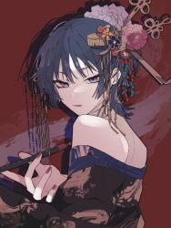 Rule 34 | 1boy, bare shoulders, bishounen, crossdressing, flower, genshin impact, hair flower, hair ornament, highres, holding, holding smoking pipe, japanese clothes, looking at viewer, looking back, male focus, purple hair, red nails, scaramouche (genshin impact), short hair, sin65644, smoking pipe, solo