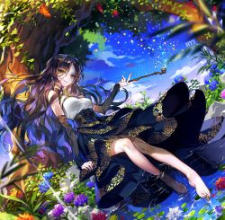 Rule 34 | 1girl, arm support, barefoot, black skirt, black sleeves, blue sky, breasts, brown hair, cloud, day, detached sleeves, dutch angle, eyes visible through hair, floating hair, hair over one eye, hayanse, high-waist skirt, highres, layered skirt, long hair, long skirt, long sleeves, looking at viewer, medium breasts, multicolored hair, orange eyes, original, outdoors, parted lips, purple hair, shirt, sitting, skirt, sky, sleeveless, sleeveless shirt, smile, soaking feet, solo, two-tone hair, very long hair, water, white shirt