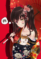 Rule 34 | 1girl, animal, blush, breasts, brown hair, clock eyes, collarbone, date a live, dog, floral print, flower, hair flower, hair ornament, hair ribbon, heterochromia, highres, holding, holding animal, holding dog, holding umbrella, japanese clothes, kimono, long hair, looking at viewer, medium breasts, multicolored clothes, multicolored kimono, new year, off shoulder, oil-paper umbrella, paw print, red background, red eyes, red ribbon, ribbon, simple background, solo, symbol-shaped pupils, tokisaki kurumi, twintails, umbrella, wavy mouth, yellow eyes, z1npool