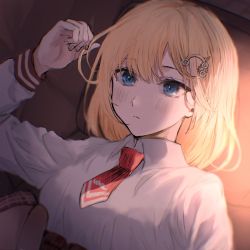 Rule 34 | 1girl, bad id, bad twitter id, blonde hair, blue eyes, commentary, dress shirt, hair ornament, highres, hololive, hololive english, itagaku, long sleeves, looking at viewer, necktie, red necktie, shirt, solo, virtual youtuber, watson amelia, watson amelia (1st costume), white shirt