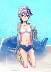 Rule 34 | 1girl, arm support, bikini, commentary request, danaka, flower (vocaloid), flower (vocaloid4), full body, grey jacket, inflatable toy, inflatable whale, jacket, kneeling, looking at viewer, midriff, multicolored hair, nail polish, navel, pool, purple eyes, purple hair, sandals, short hair, solo, streaked hair, swimsuit, tile floor, tiles, vocaloid, whale, white bikini, white hair, yellow nails