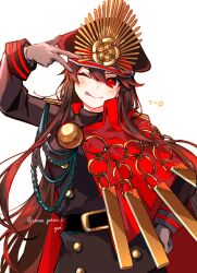 Rule 34 | 1girl, ;q, belt, belt buckle, black belt, black hair, black hat, black jacket, blush, buckle, buttons, cape, commentary request, fate/grand order, fate (series), gloves, grey gloves, hand on own hip, hat, highres, jacket, koha-ace, long hair, looking at viewer, military hat, military uniform, oda nobunaga (fate), oda nobunaga (koha-ace), one eye closed, red cape, red eyes, simple background, smile, solo, tongue, tongue out, twitter username, uniform, w, white background, yui (tamagohan)
