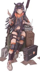 Rule 34 | 1girl, ammunition box, bandaid, bandaid on face, battle rifle, bike shorts, blue eyes, bullet, crate, fingerless gloves, flashlight, gloves, gun, headgear, highres, holding, holding weapon, hololive, hololive english, jacket, knee pads, long hair, looking at viewer, multicolored hair, navel, ninomae ina&#039;nis, orange hair, pointy ears, purple hair, radio, rifle, scope, shoes, sitting, sneakers, sniper, sniper rifle, solo, tentacle hair, virtual youtuber, weapon, zhvo