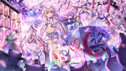 Rule 34 | 2girls, aerial fireworks, animal ears, bandeau, bare shoulders, black panties, box, cat ear panties, cat ears, cat girl, cat tail, cherry blossoms, copyright request, creature, fireworks, hair ornament, hairclip, highleg, highres, jacket, bridal garter, long hair, looking at viewer, midriff, miniskirt, multiple girls, navel, night, off shoulder, one side up, open clothes, open jacket, panties, pink theme, pleated skirt, purple skirt, sannio, silver hair, skirt, stage, standing, stomach, string panties, tail, thighs, tree, underwear, very long hair, virtual youtuber, white jacket
